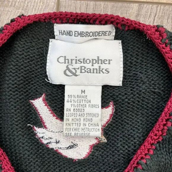 Vintage Womens Winter Sweater Size M Christmas Green 90s Beaded Hand Embroidered - Picture 8 of 13